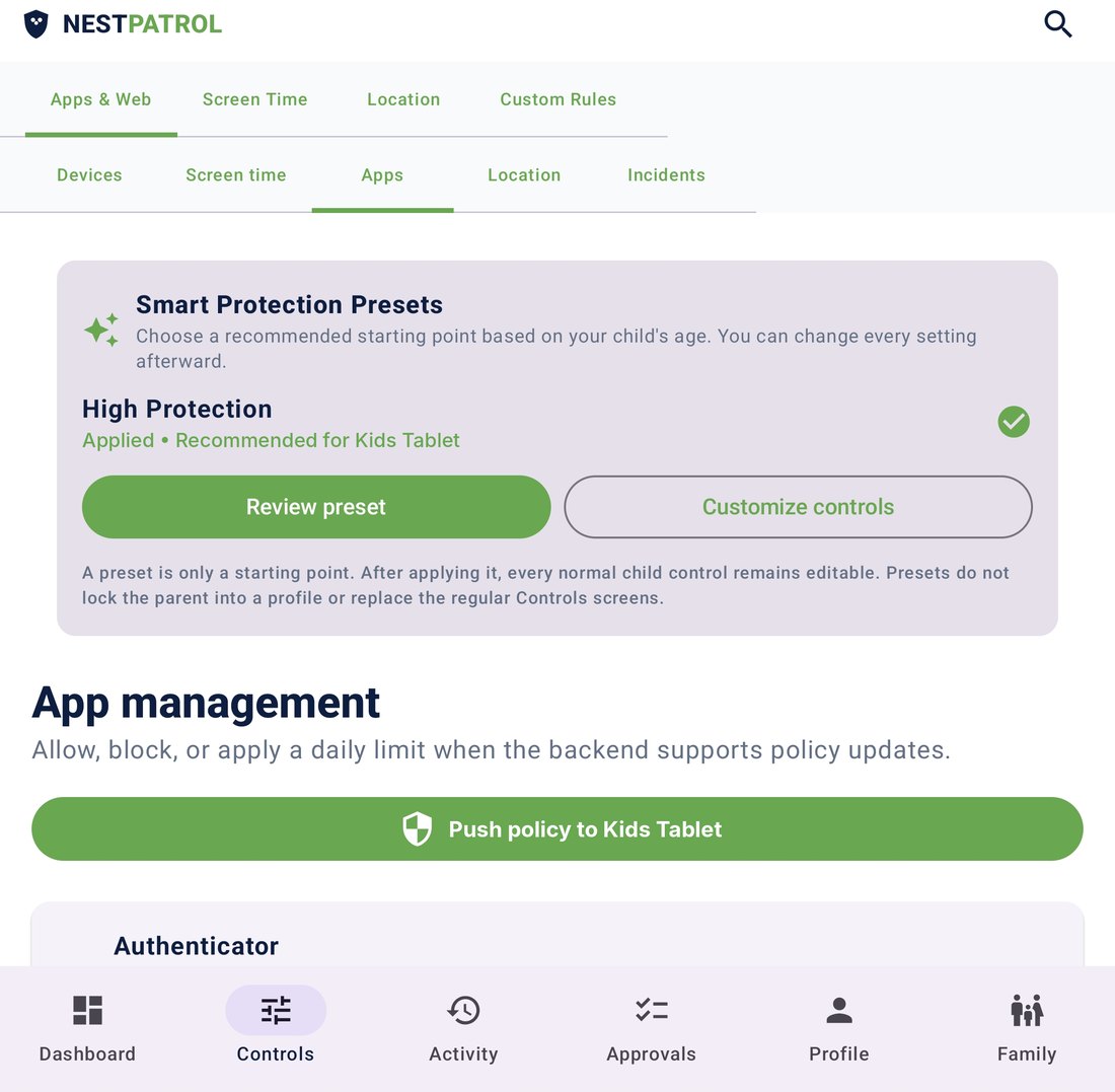 Parent app Controls screen with Smart Protection Presets
