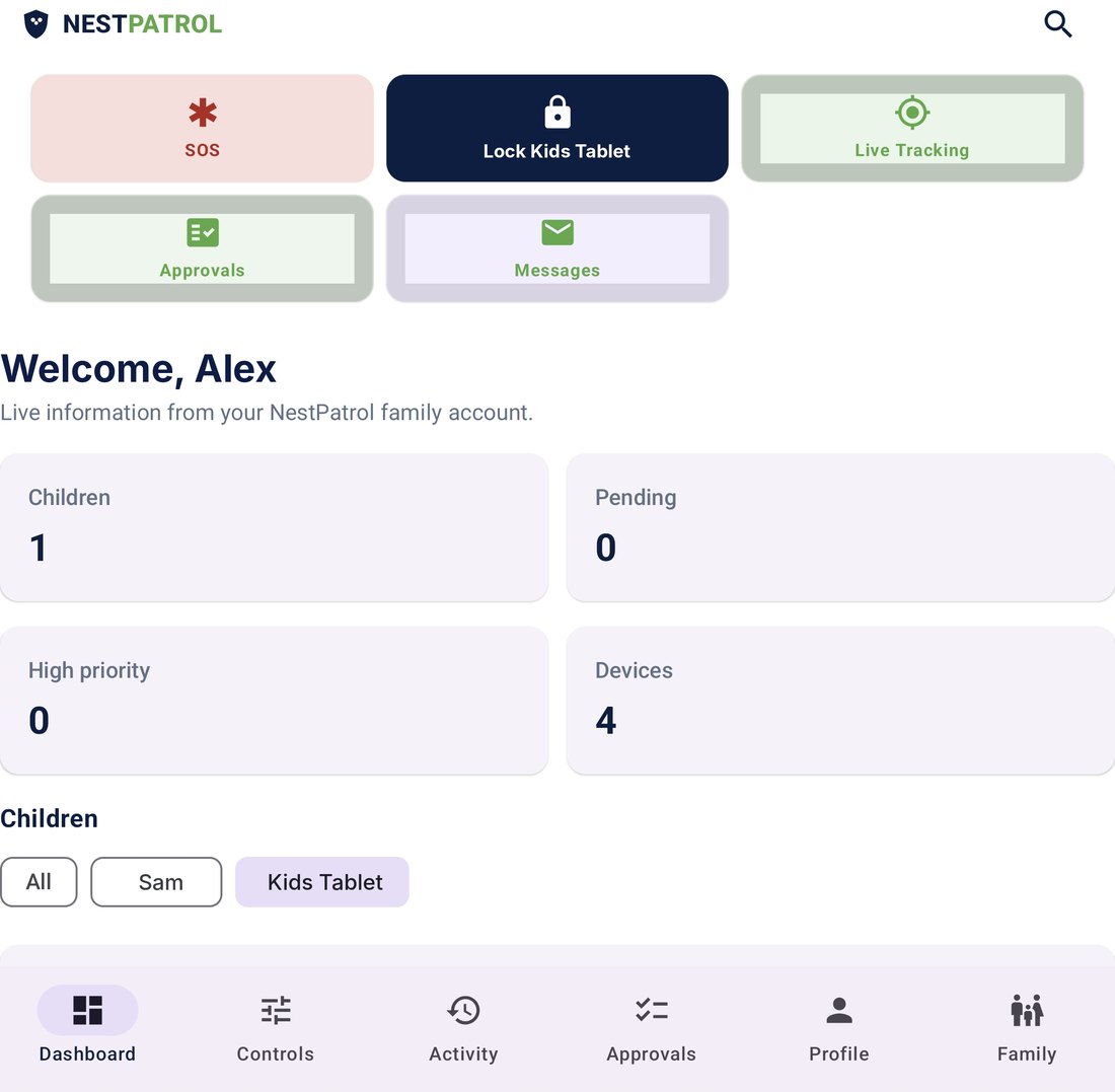 Parent app dashboard with SOS, Lock device, Live Tracking, Approvals and Messages buttons