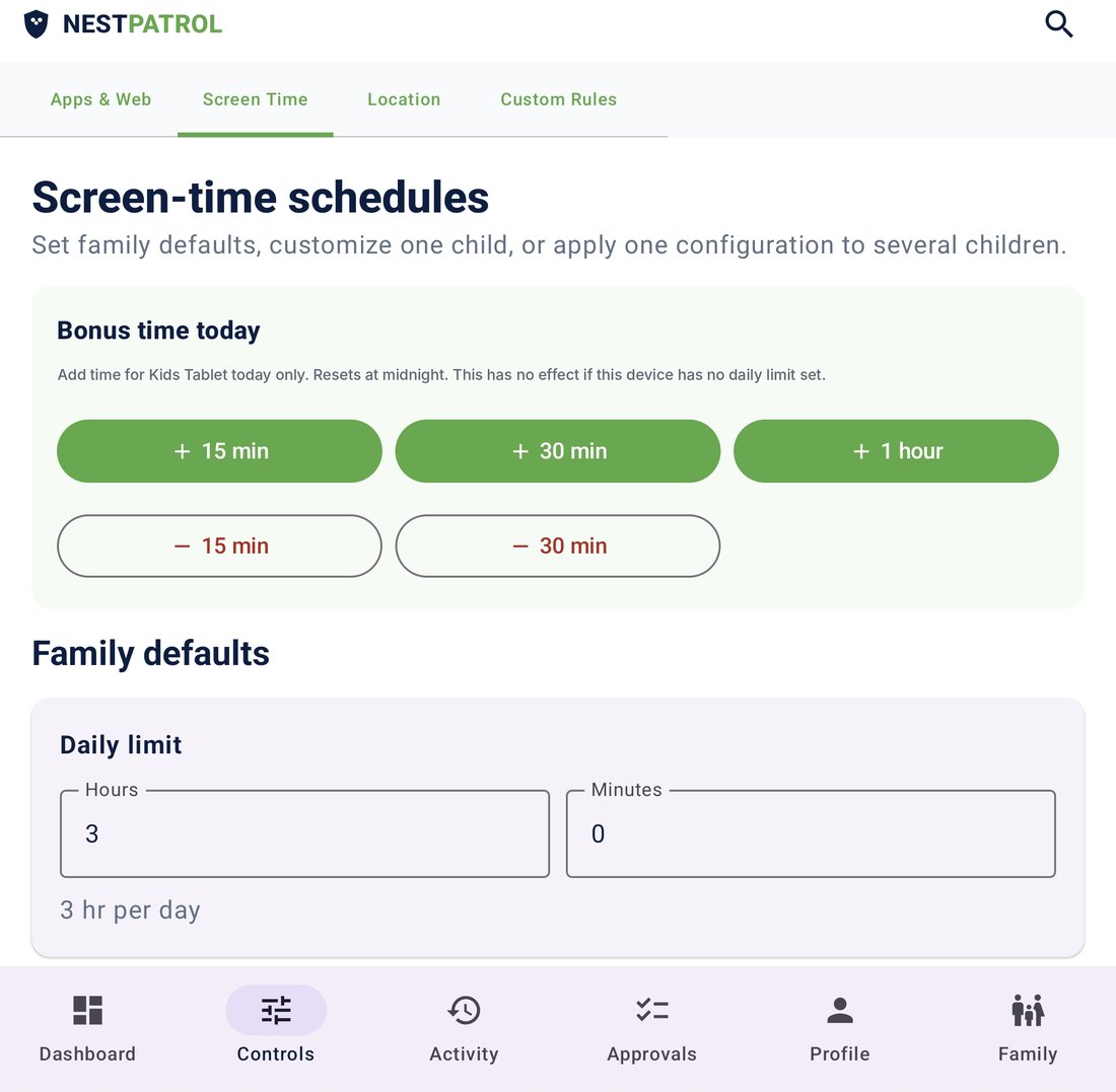 Parent app screen-time schedules with bonus time buttons