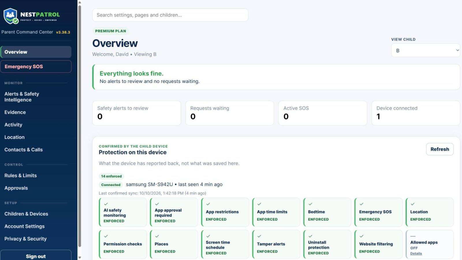 Browser dashboard overview with alerts and device status