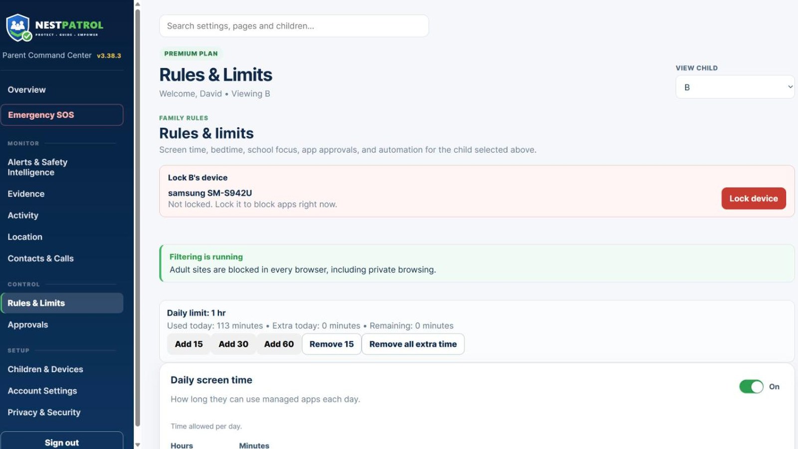 Browser dashboard Rules and Limits page